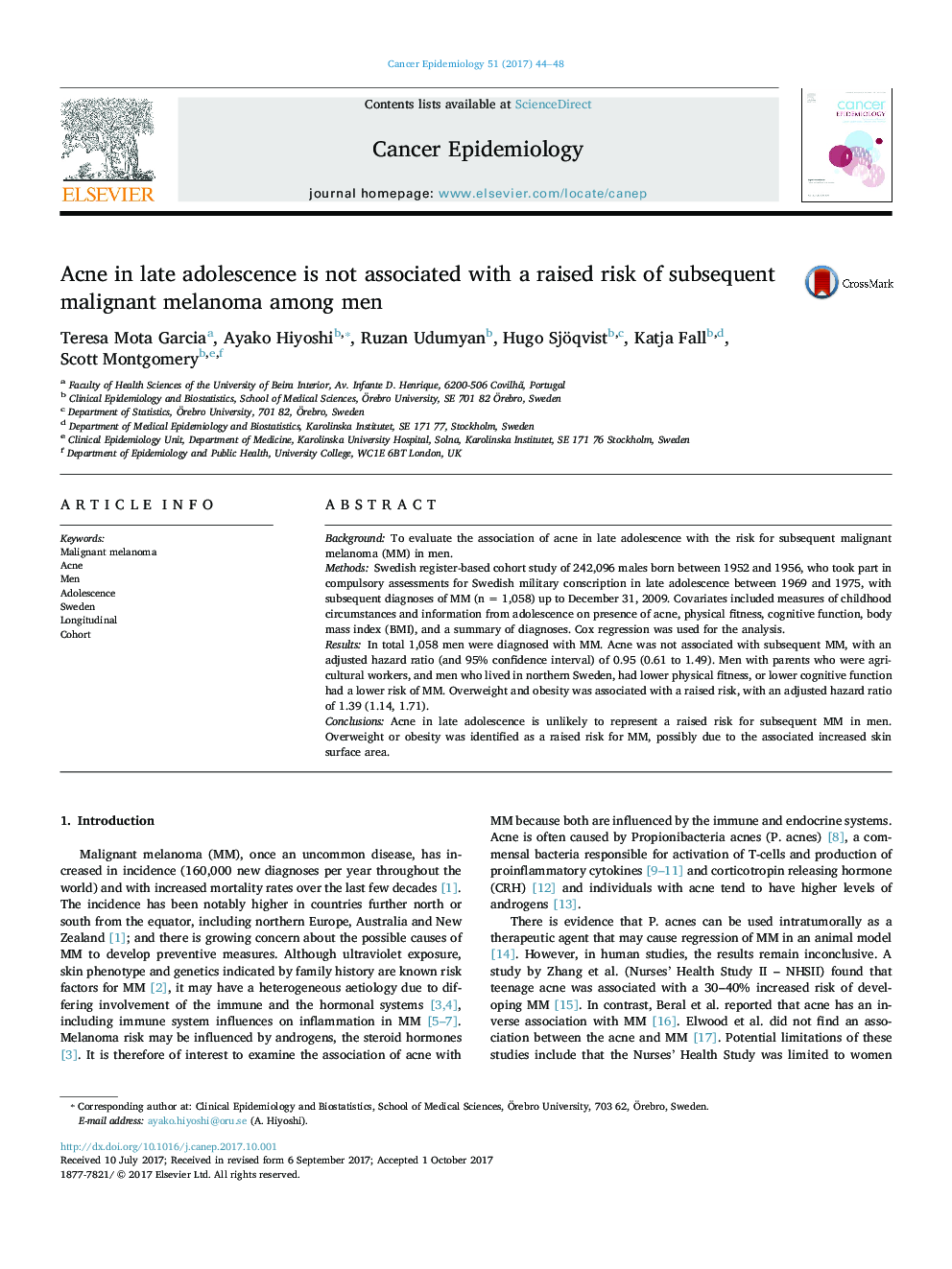 Acne in late adolescence is not associated with a raised risk of subsequent malignant melanoma among men