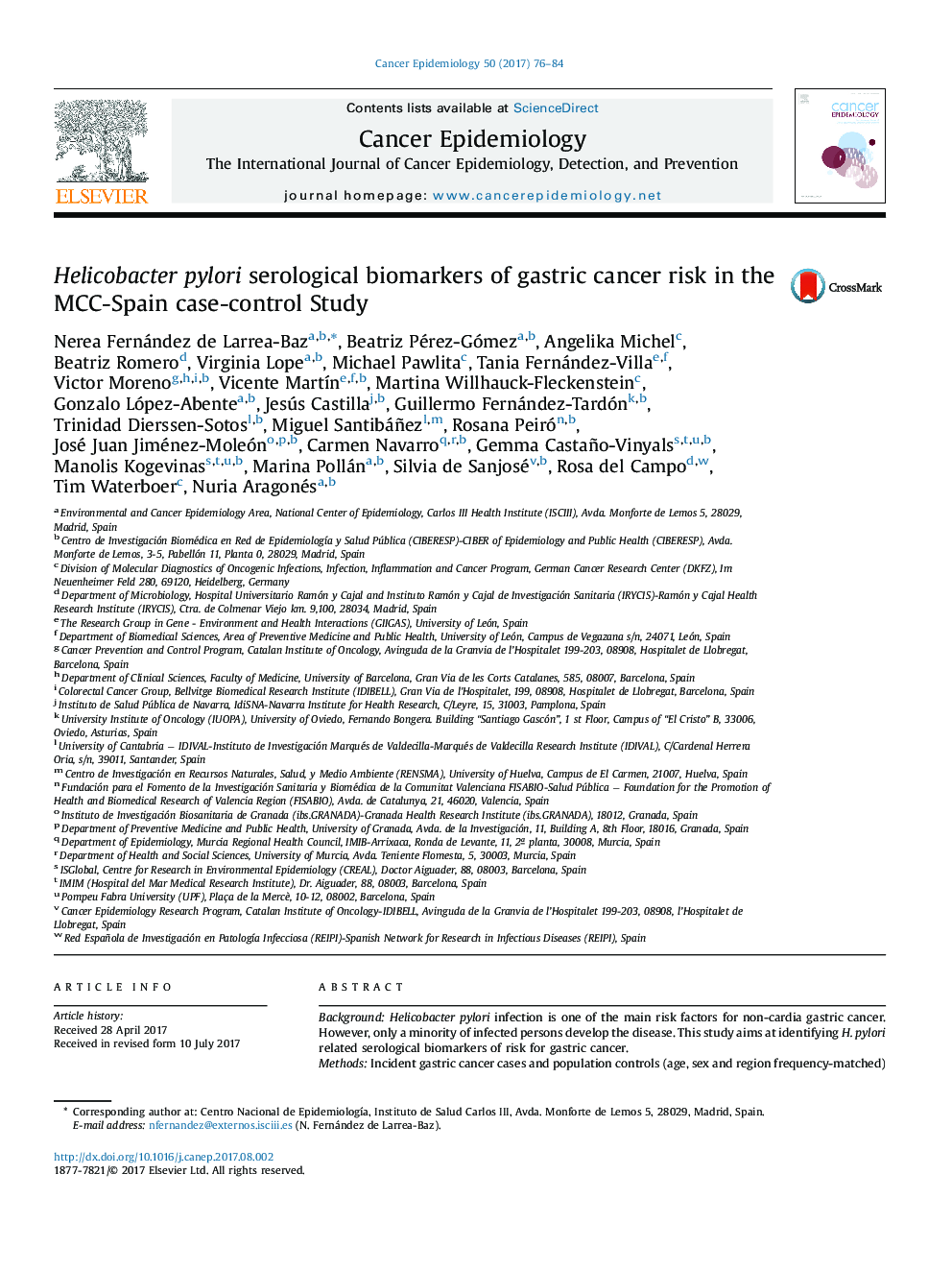 Helicobacter pylori serological biomarkers of gastric cancer risk in the MCC-Spain case-control Study