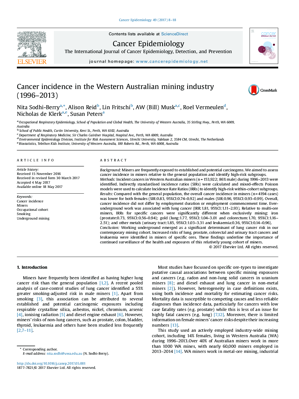 Cancer incidence in the Western Australian mining industry (1996-2013)