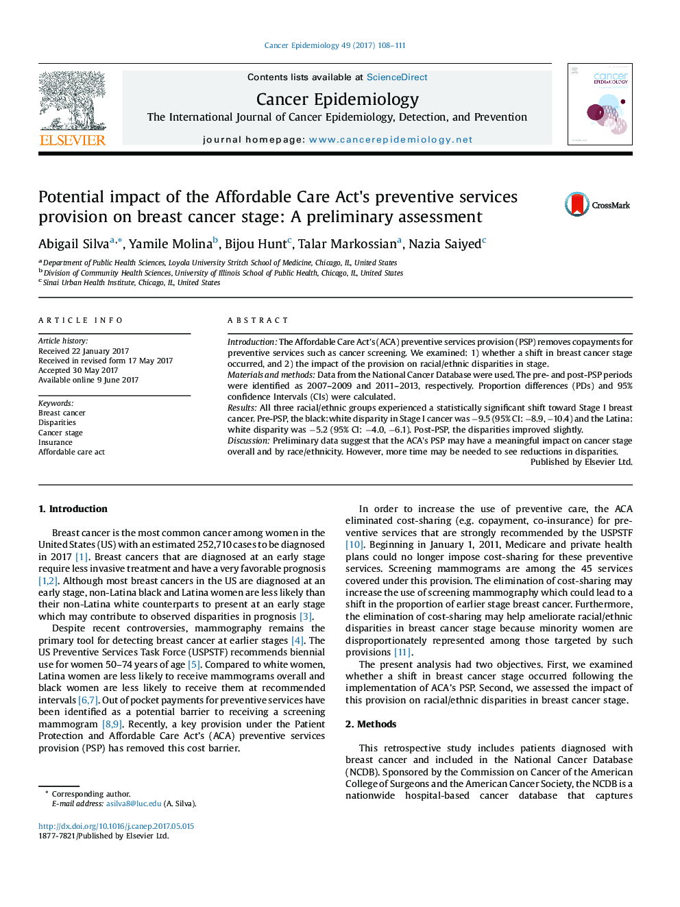 Potential impact of the Affordable Care Act's preventive services provision on breast cancer stage: A preliminary assessment