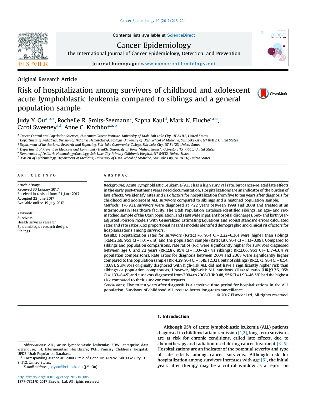 Original Research ArticleRisk of hospitalization among survivors of childhood and adolescent acute lymphoblastic leukemia compared to siblings and a general population sample