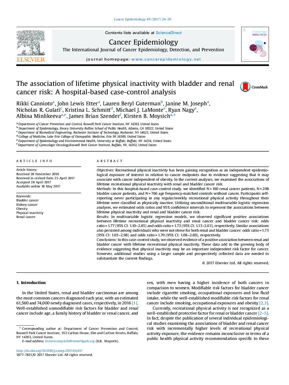 The association of lifetime physical inactivity with bladder and renal cancer risk: A hospital-based case-control analysis