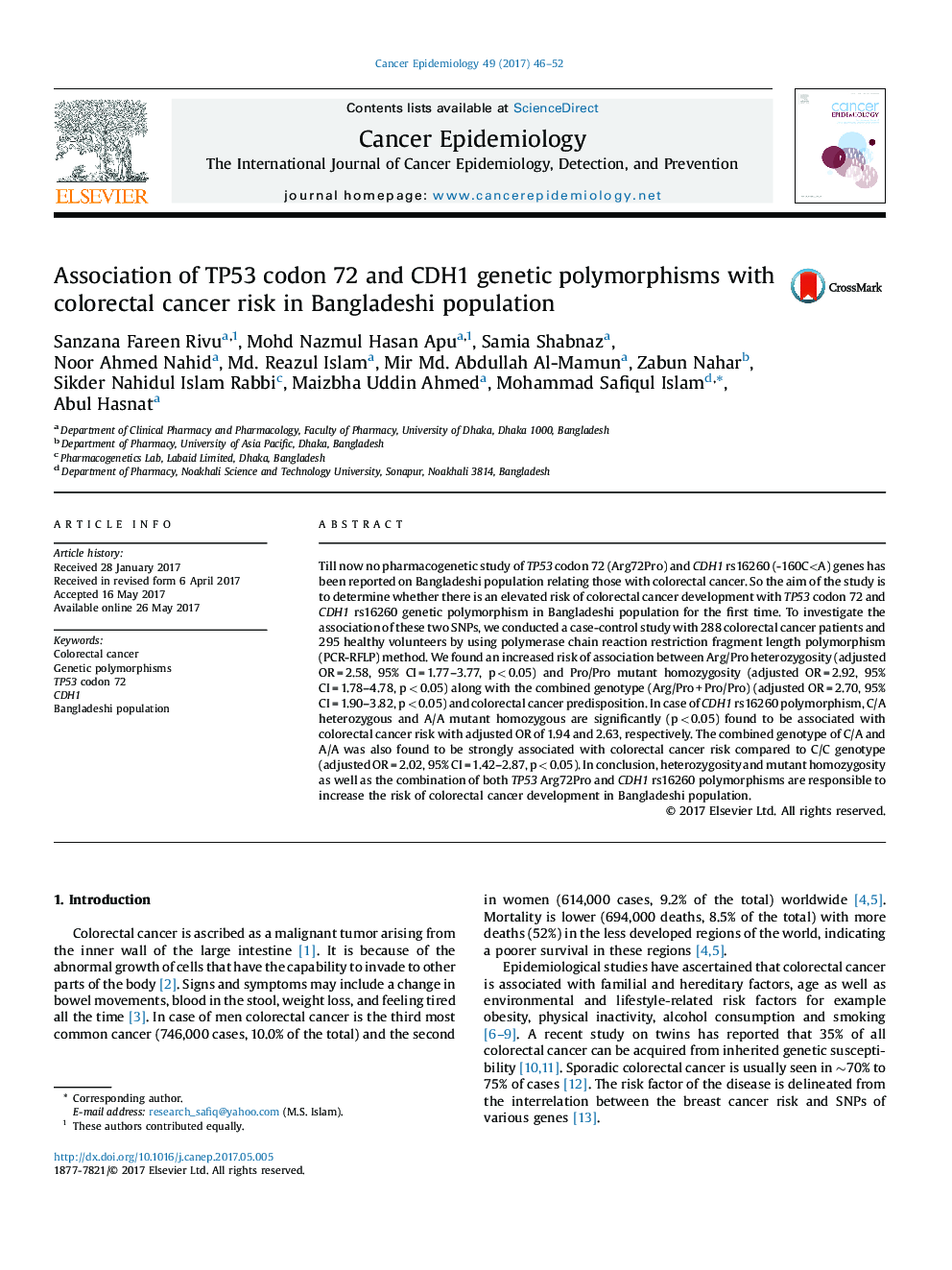 Association of TP53 codon 72 and CDH1 genetic polymorphisms with colorectal cancer risk in Bangladeshi population