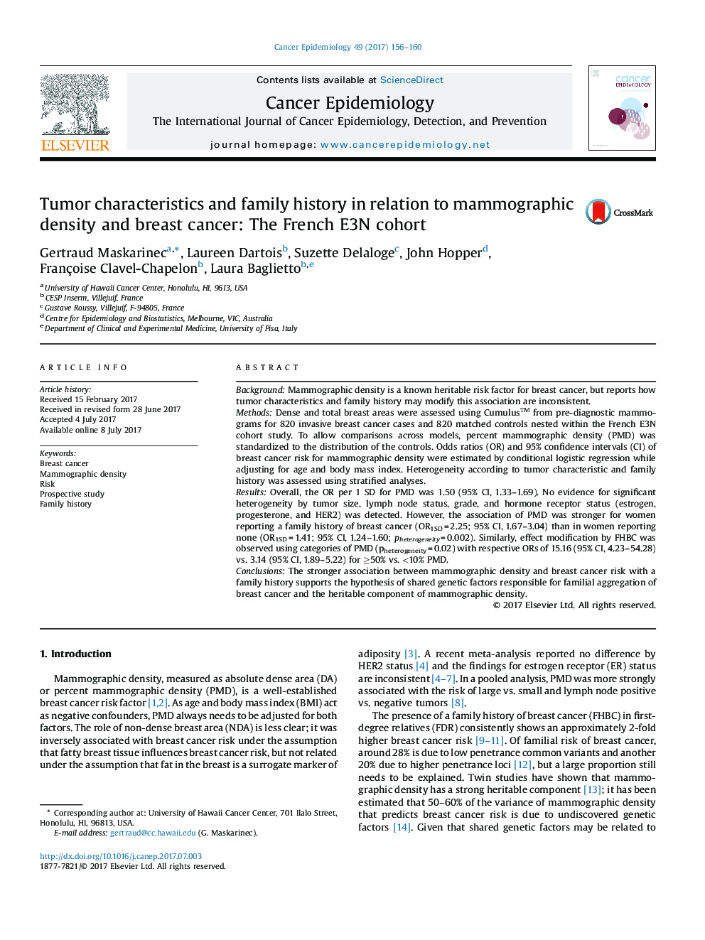 Tumor characteristics and family history in relation to mammographic density and breast cancer: The French E3N cohort