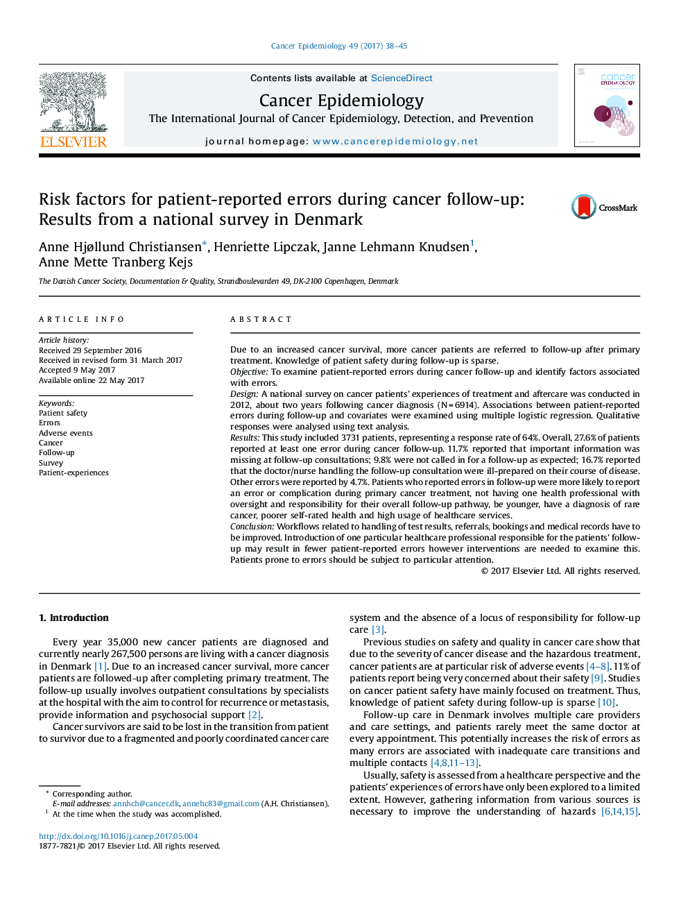 Risk factors for patient-reported errors during cancer follow-up: Results from a national survey in Denmark