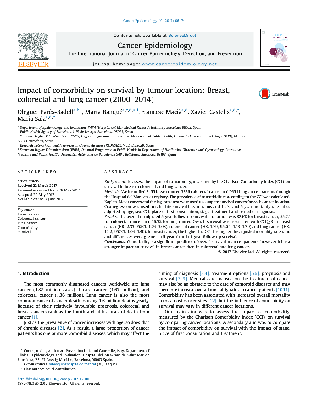 Impact of comorbidity on survival by tumour location: Breast, colorectal and lung cancer (2000-2014)