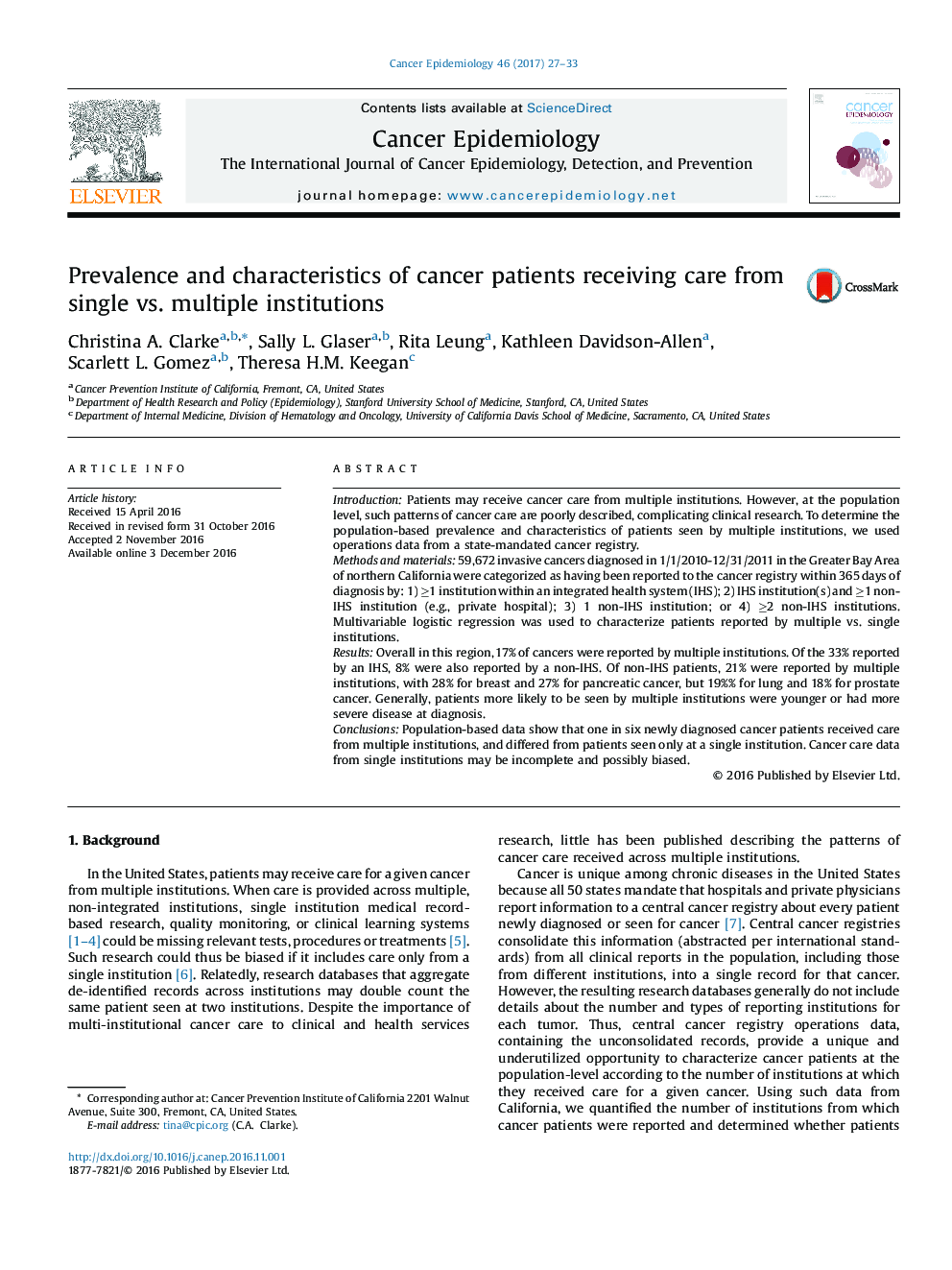 Prevalence and characteristics of cancer patients receiving care from single vs. multiple institutions