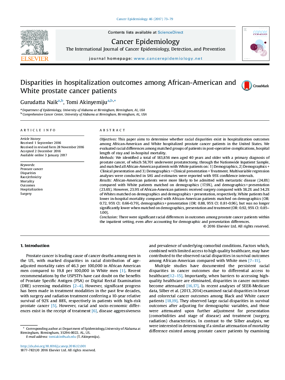 Disparities in hospitalization outcomes among African-American and White prostate cancer patients