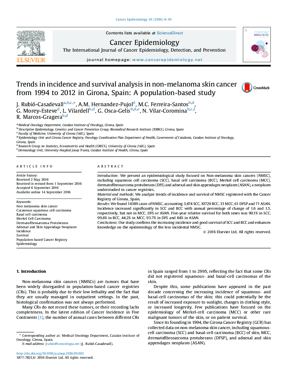 Trends in incidence and survival analysis in non-melanoma skin cancer from 1994 to 2012 in Girona, Spain: A population-based study