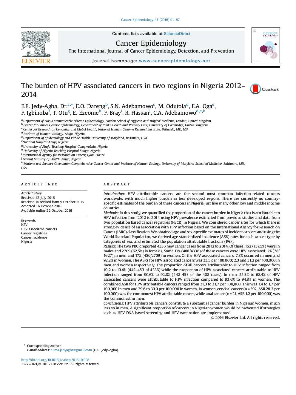 The burden of HPV associated cancers in two regions in Nigeria 2012-2014