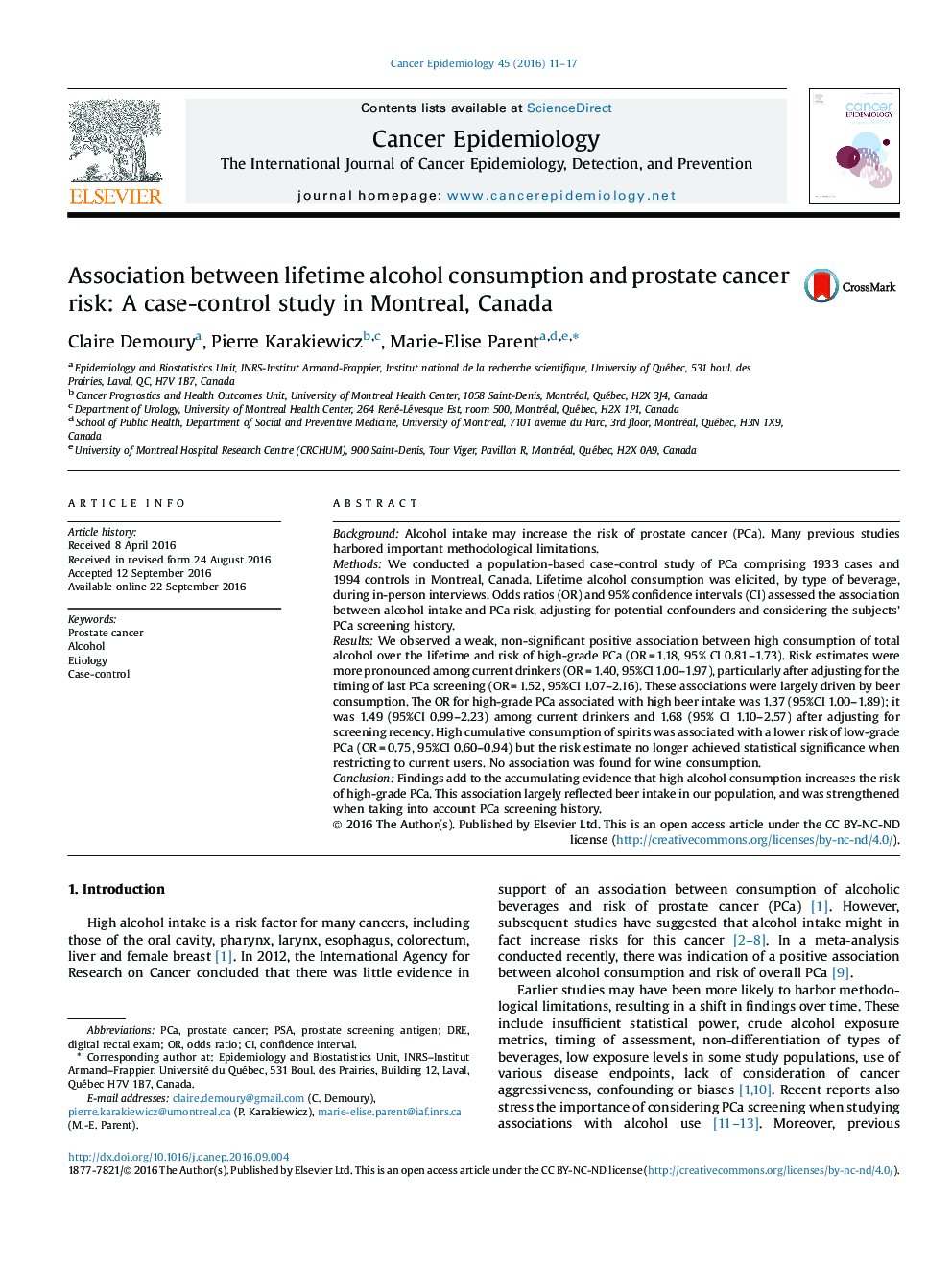 Association between lifetime alcohol consumption and prostate cancer risk: A case-control study in Montreal, Canada