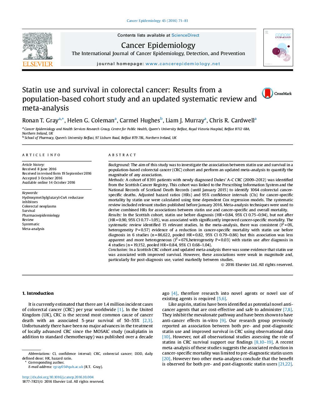 Statin use and survival in colorectal cancer: Results from a population-based cohort study and an updated systematic review and meta-analysis