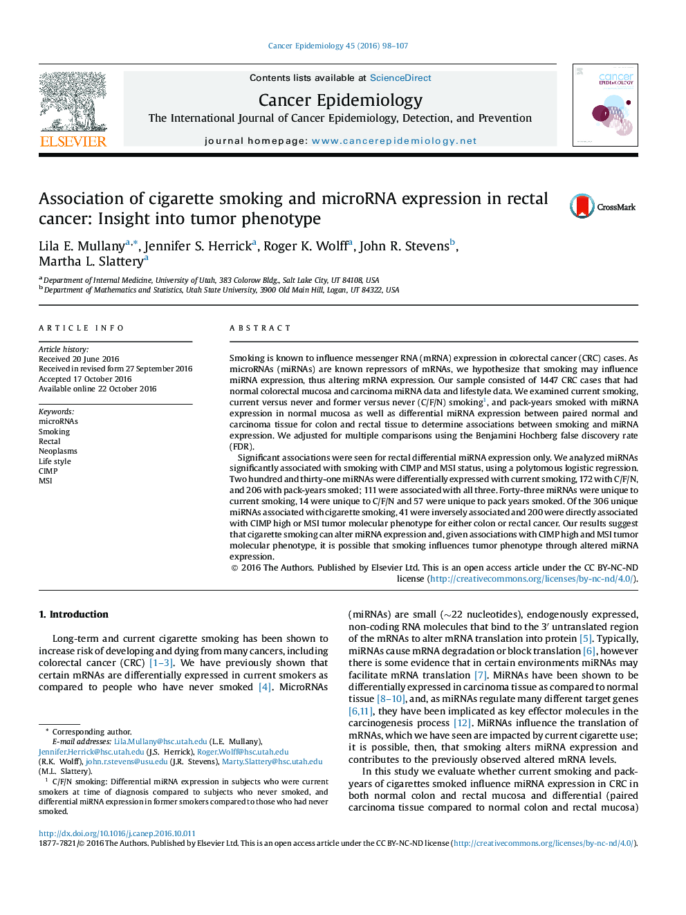 Association of cigarette smoking and microRNA expression in rectal cancer: Insight into tumor phenotype