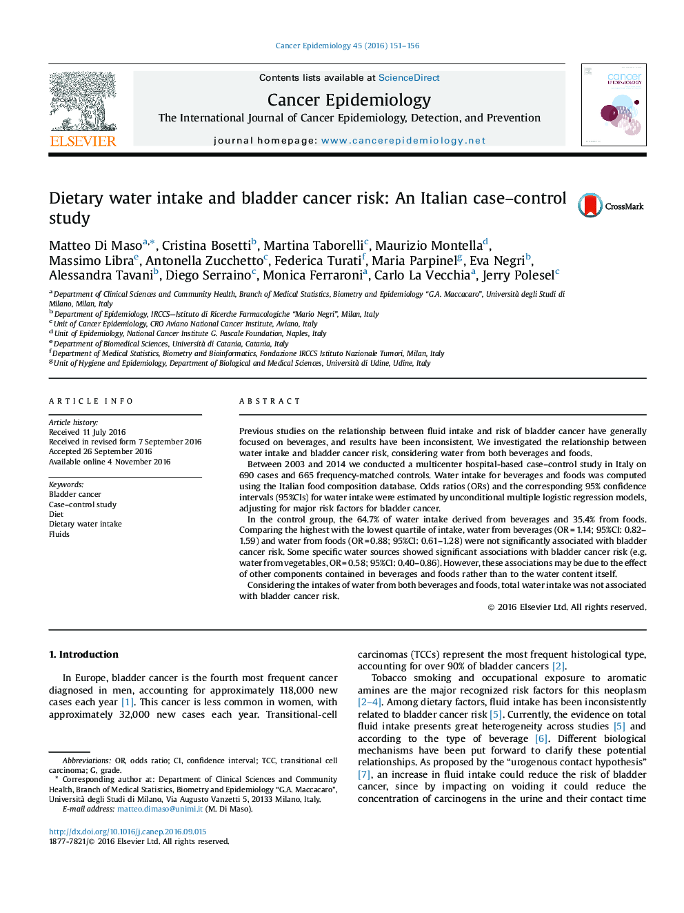 Dietary water intake and bladder cancer risk: An Italian case-control study