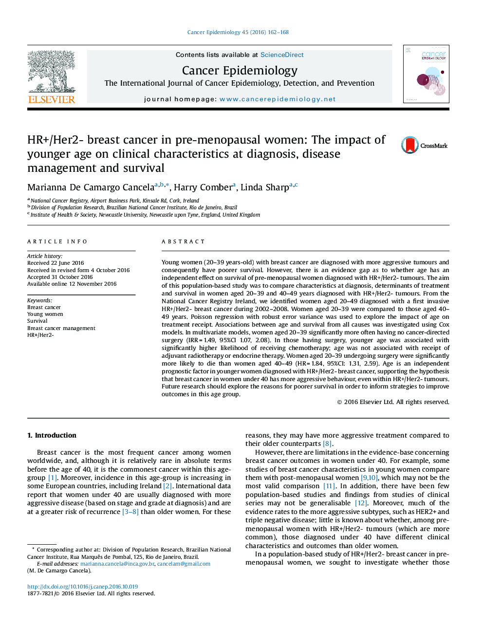 HR+/Her2- breast cancer in pre-menopausal women: The impact of younger age on clinical characteristics at diagnosis, disease management and survival