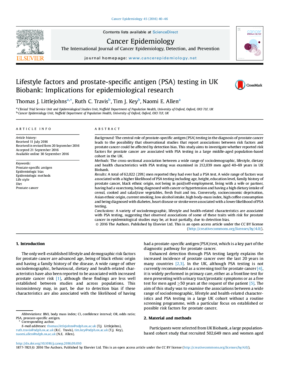 Lifestyle factors and prostate-specific antigen (PSA) testing in UK Biobank: Implications for epidemiological research