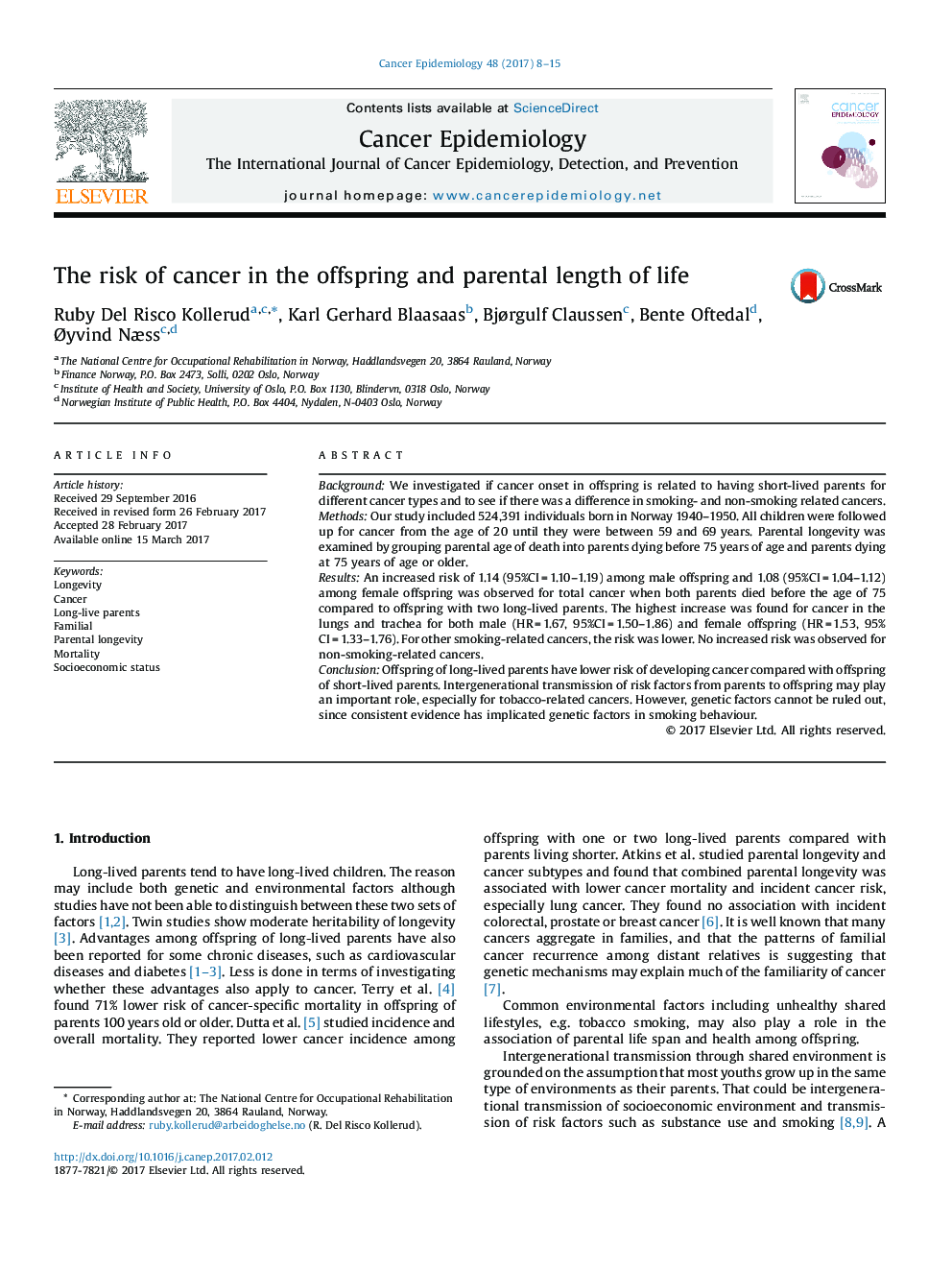 The risk of cancer in the offspring and parental length of life