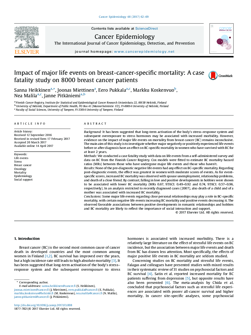 Impact of major life events on breast-cancer-specific mortality: A case fatality study on 8000 breast cancer patients