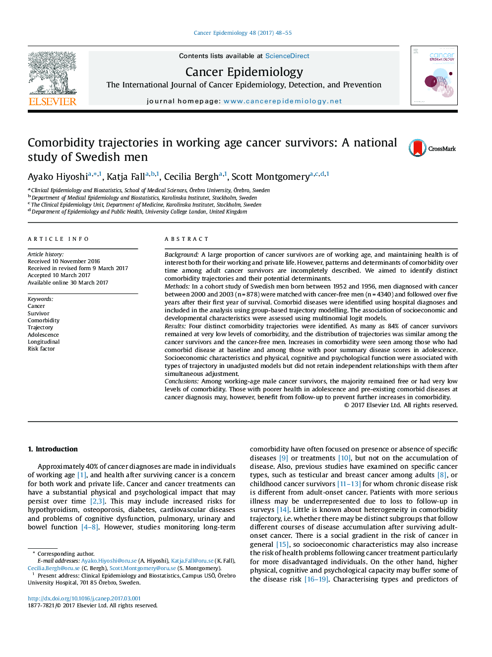 Comorbidity trajectories in working age cancer survivors: A national study of Swedish men