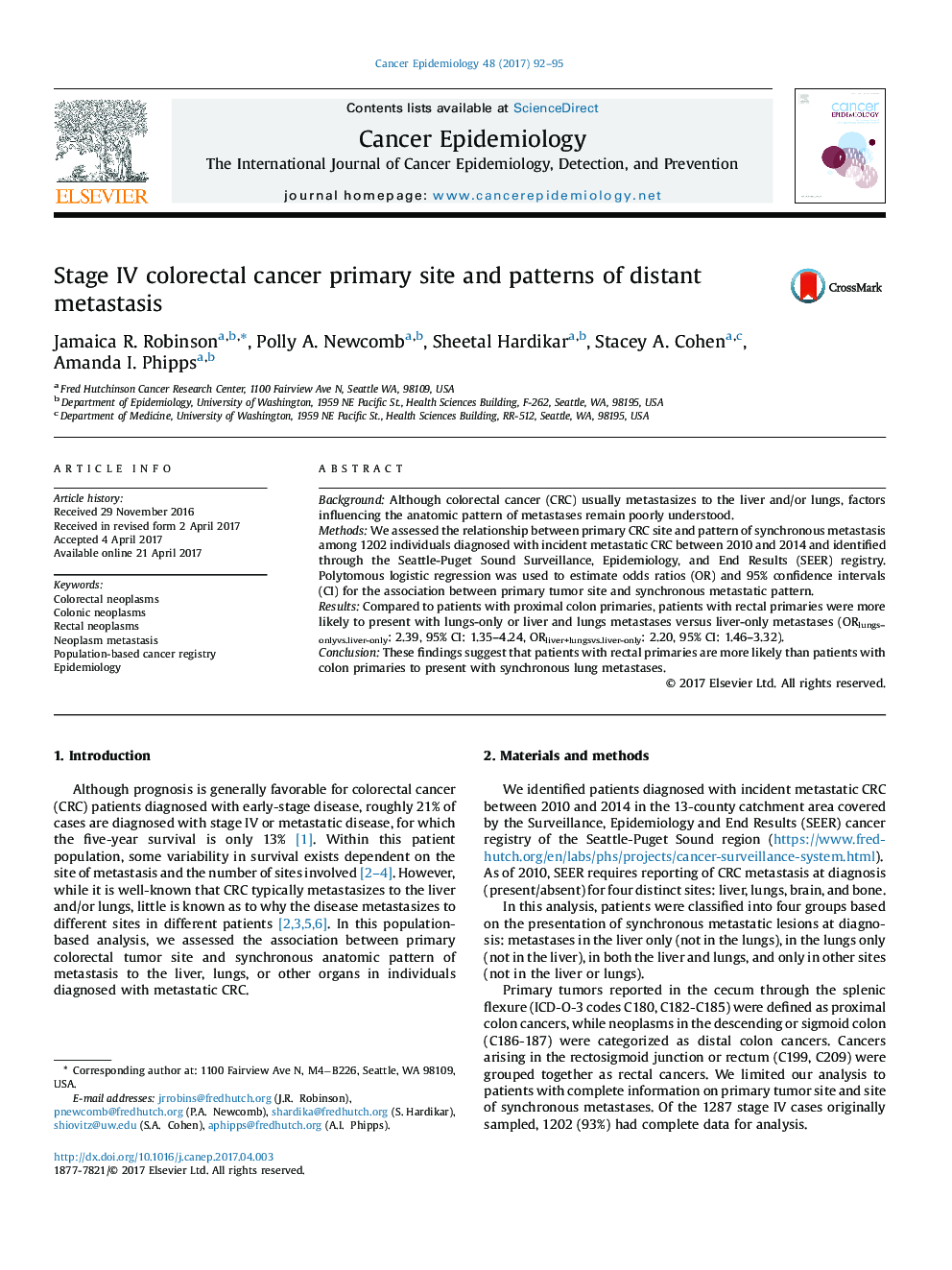 Stage IV colorectal cancer primary site and patterns of distant metastasis