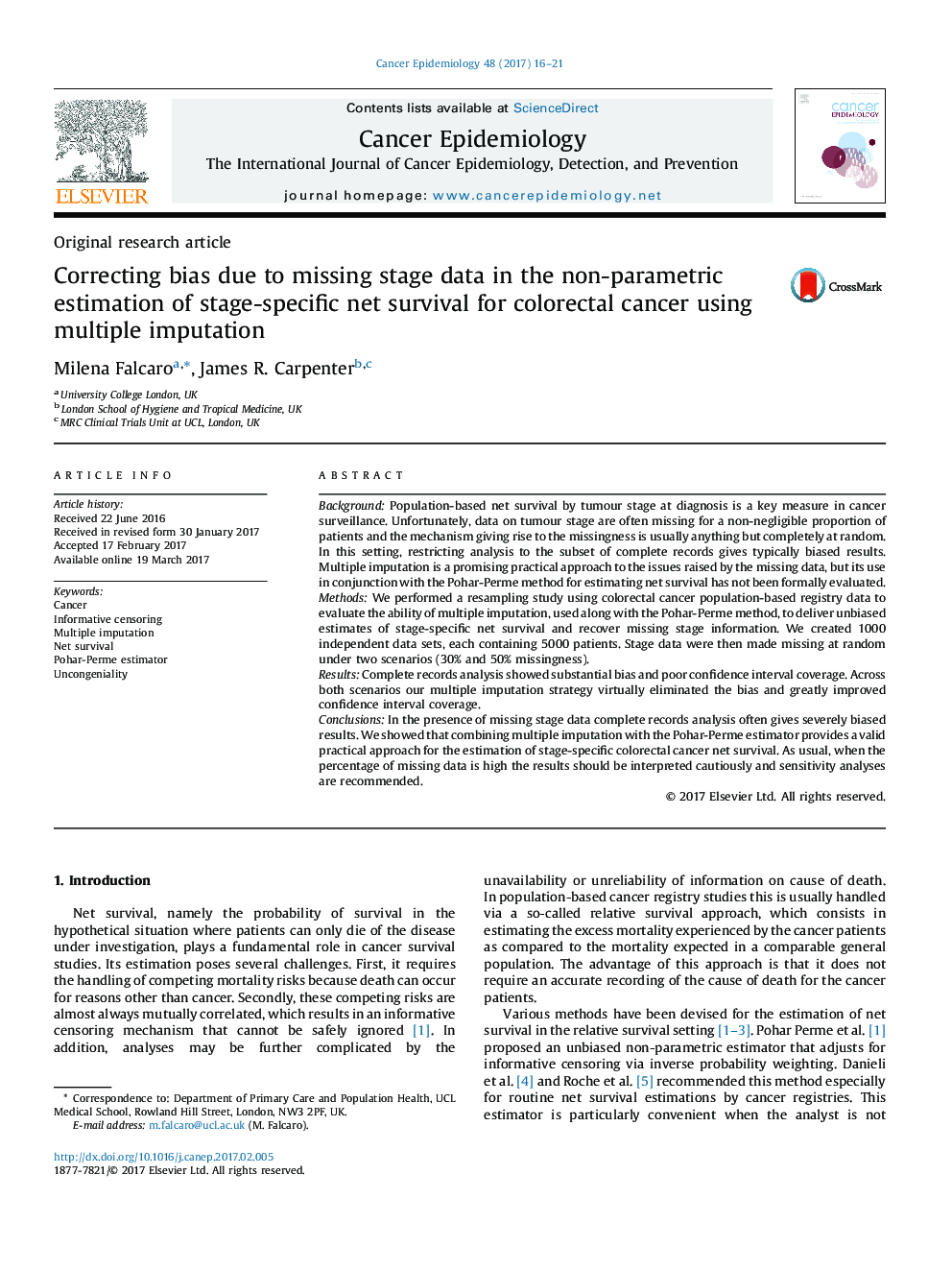 Original research articleCorrecting bias due to missing stage data in the non-parametric estimation of stage-specific net survival for colorectal cancer using multiple imputation