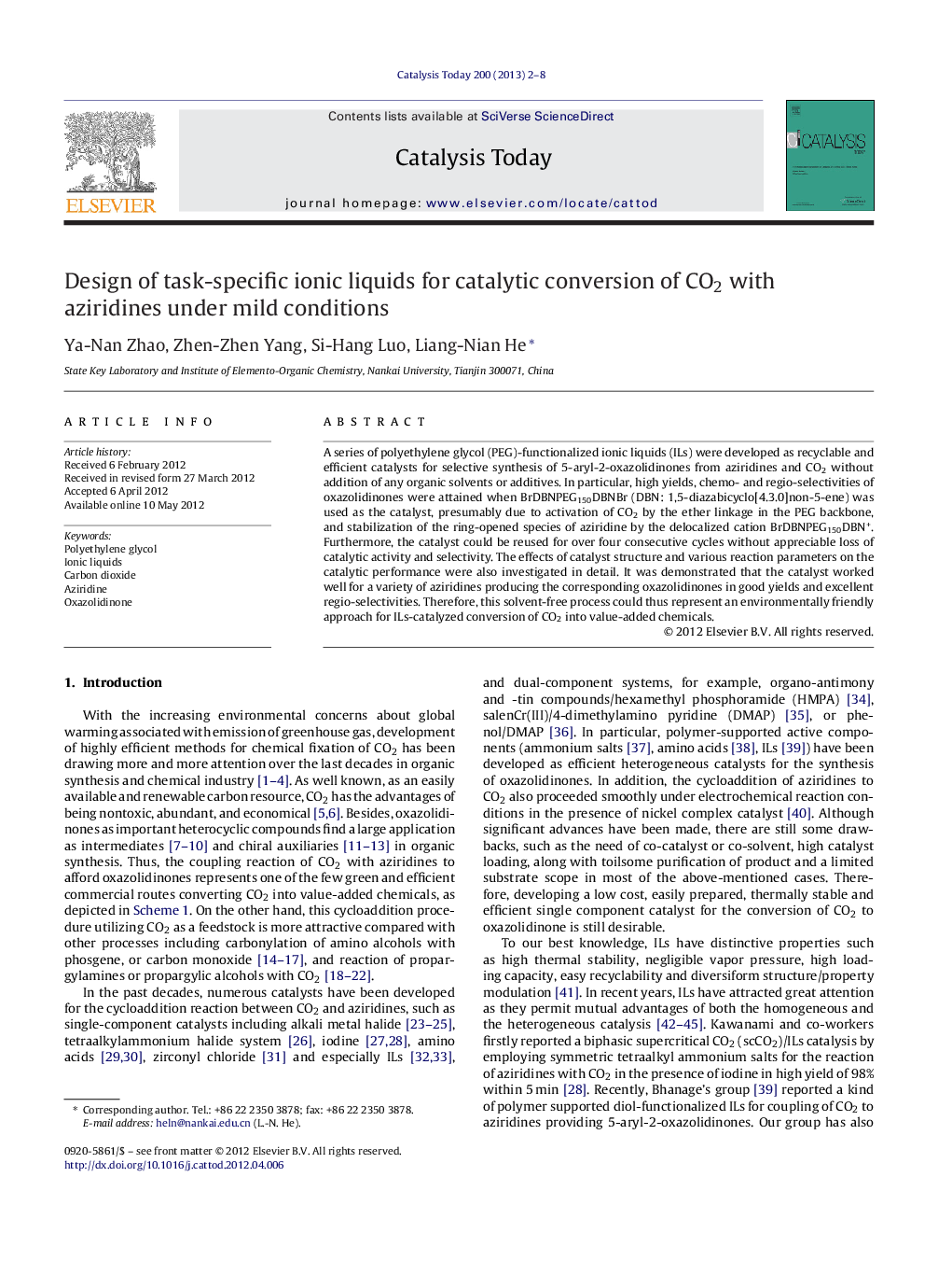 Design of task-specific ionic liquids for catalytic conversion of CO2 with aziridines under mild conditions