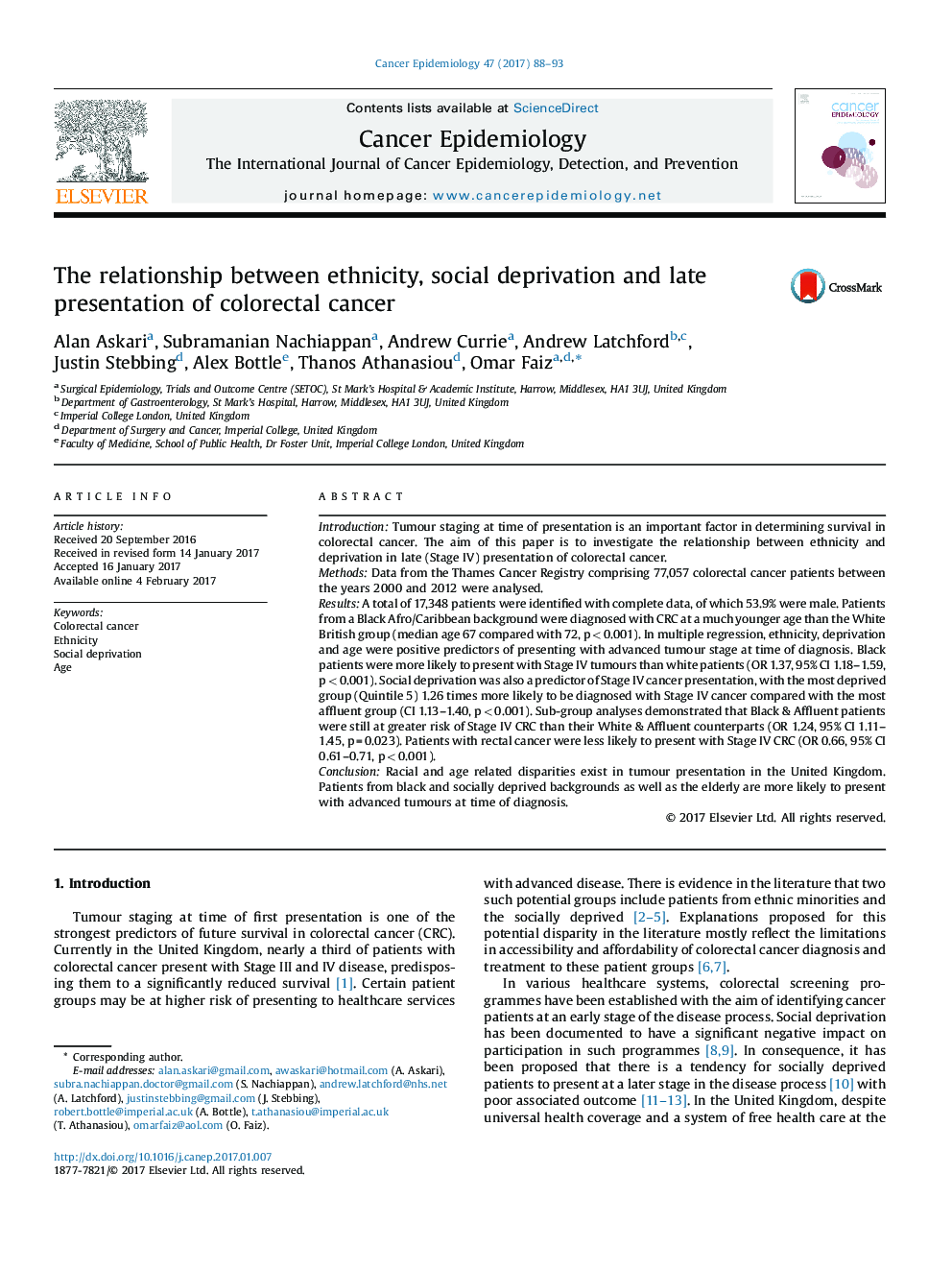 The relationship between ethnicity, social deprivation and late presentation of colorectal cancer