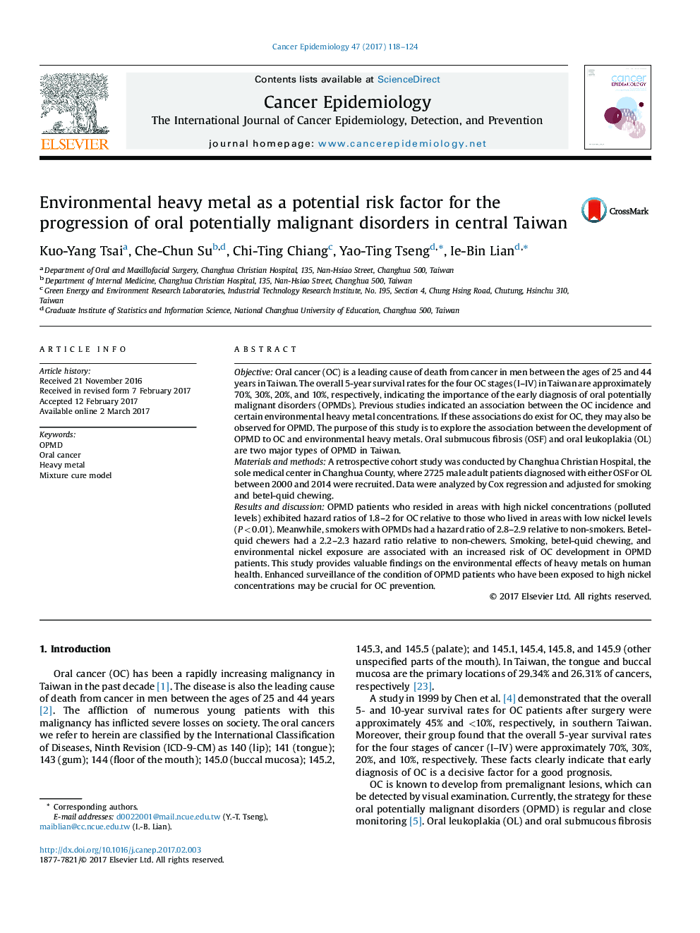 Environmental heavy metal as a potential risk factor for the progression of oral potentially malignant disorders in central Taiwan