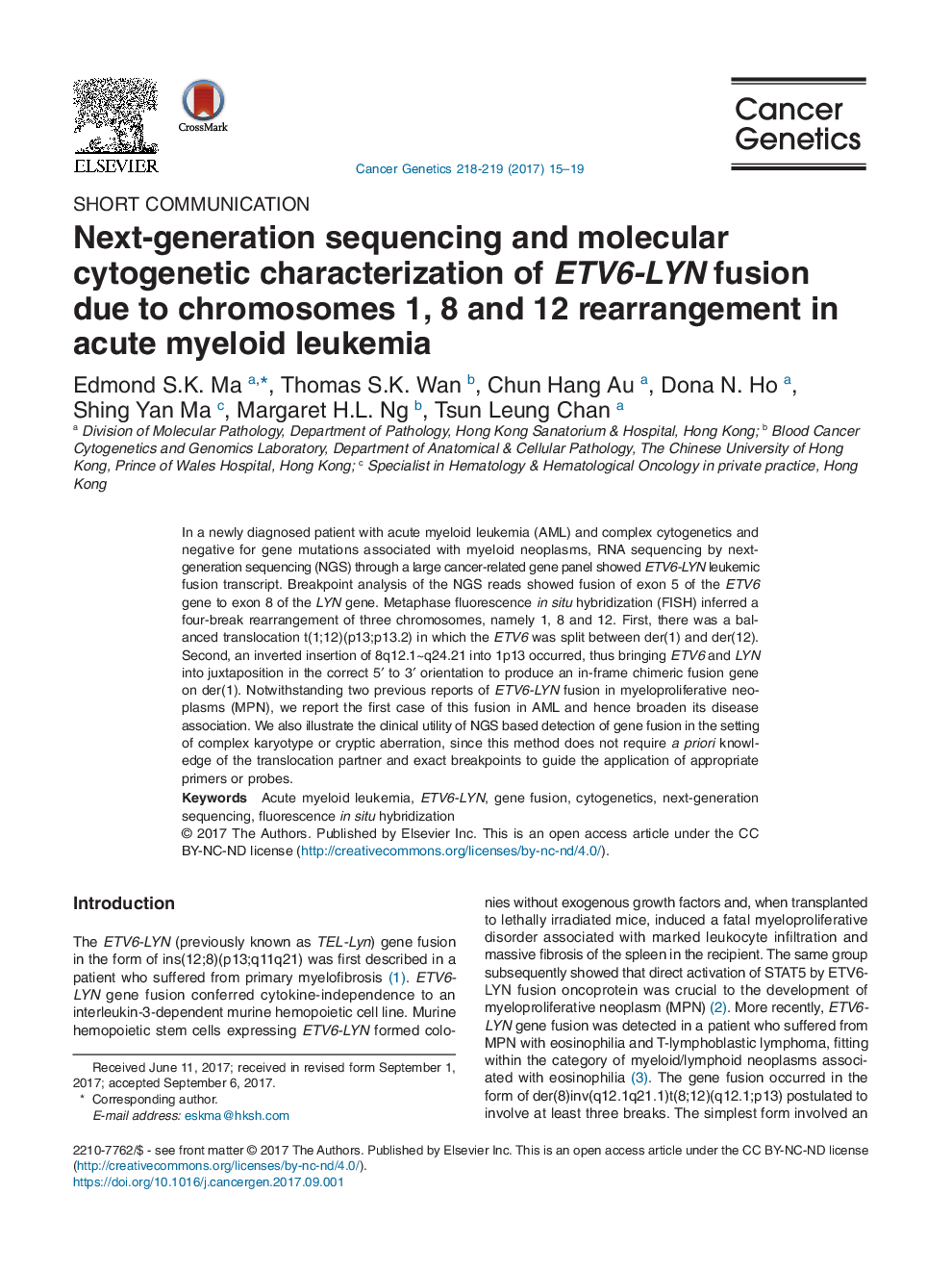 Next-generation sequencing and molecular cytogenetic characterization of ETV6-LYN fusion due to chromosomes 1, 8 and 12 rearrangement in acute myeloid leukemia