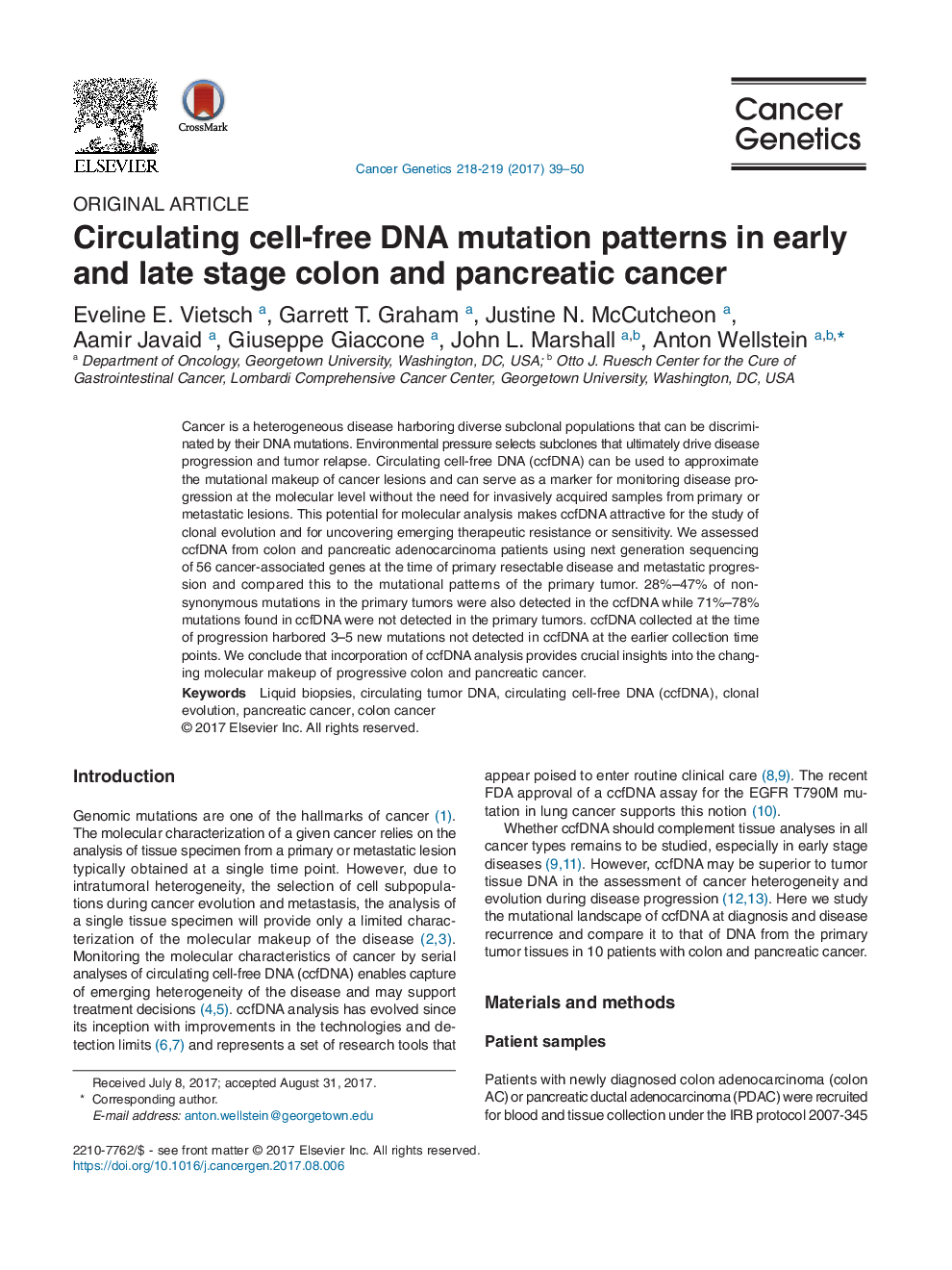 Original ArticleCirculating cell-free DNA mutation patterns in early and late stage colon and pancreatic cancer