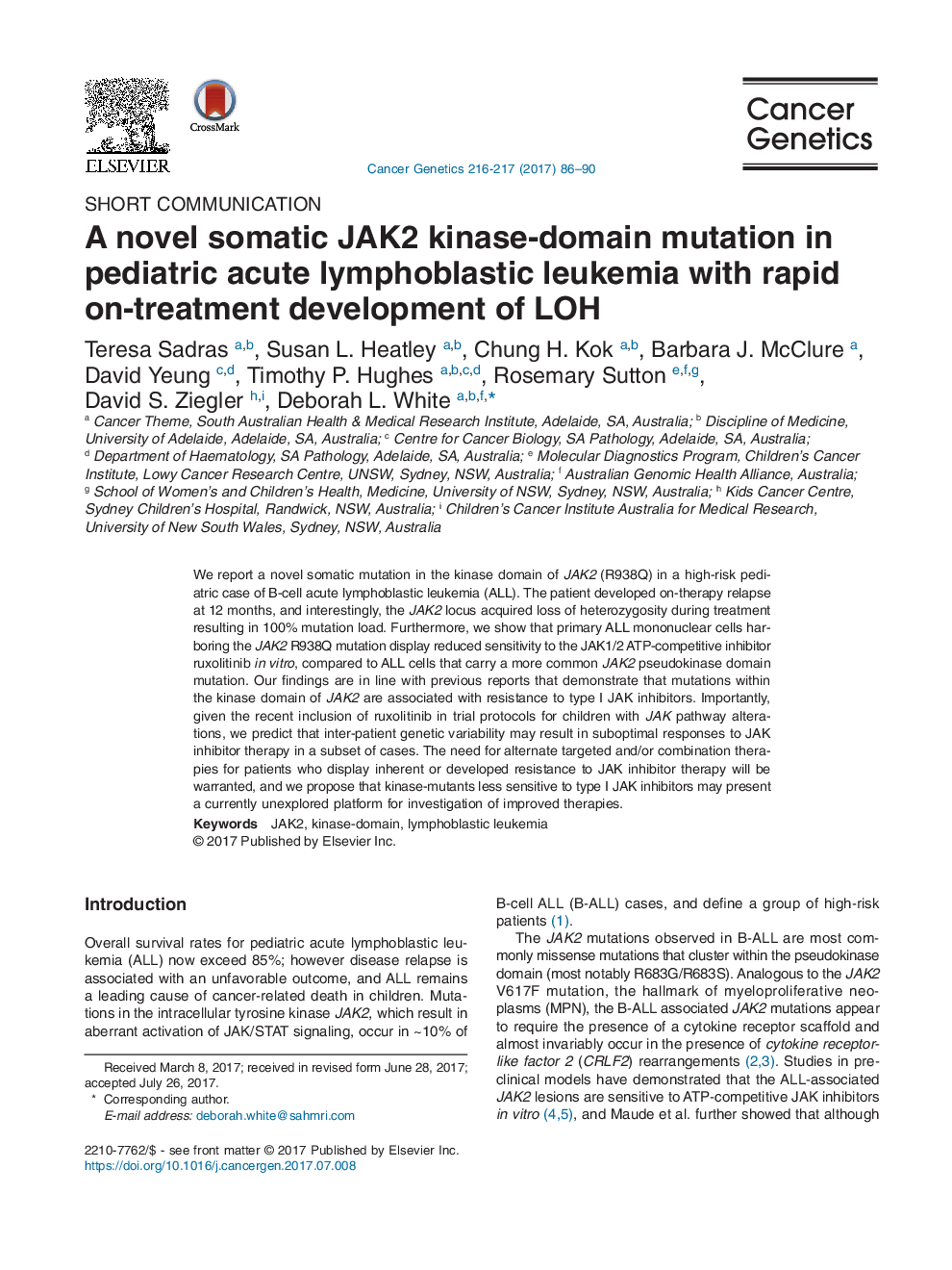 Short CommunicationA novel somatic JAK2 kinase-domain mutation in pediatric acute lymphoblastic leukemia with rapid on-treatment development of LOH