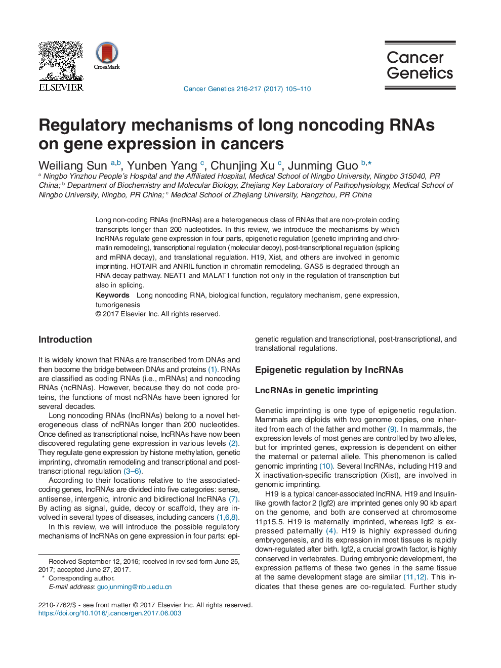 Regulatory mechanisms of long noncoding RNAs on gene expression in cancers