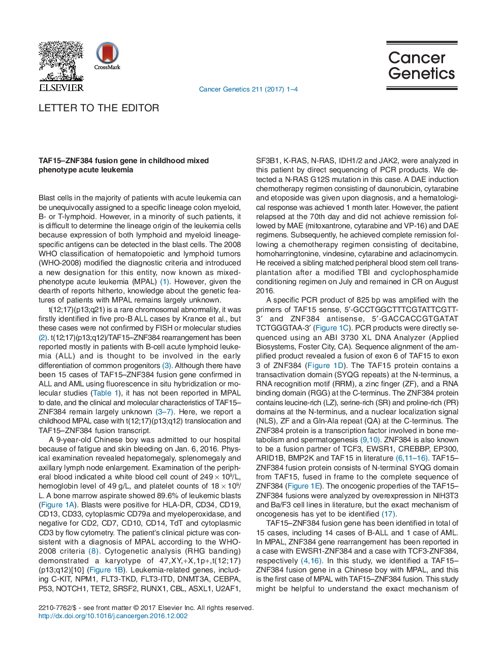 TAF15-ZNF384 fusion gene in childhood mixed phenotype acute leukemia