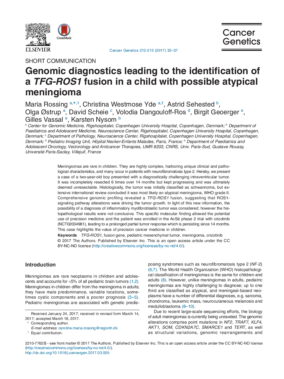 Genomic diagnostics leading to the identification of a TFG-ROS1 fusion in a child with possible atypical meningioma