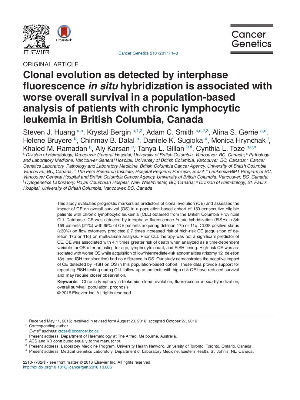 Original ArticleClonal evolution as detected by interphase fluorescence in situ hybridization is associated with worse overall survival in a population-based analysis of patients with chronic lymphocytic leukemia in British Columbia, Canada