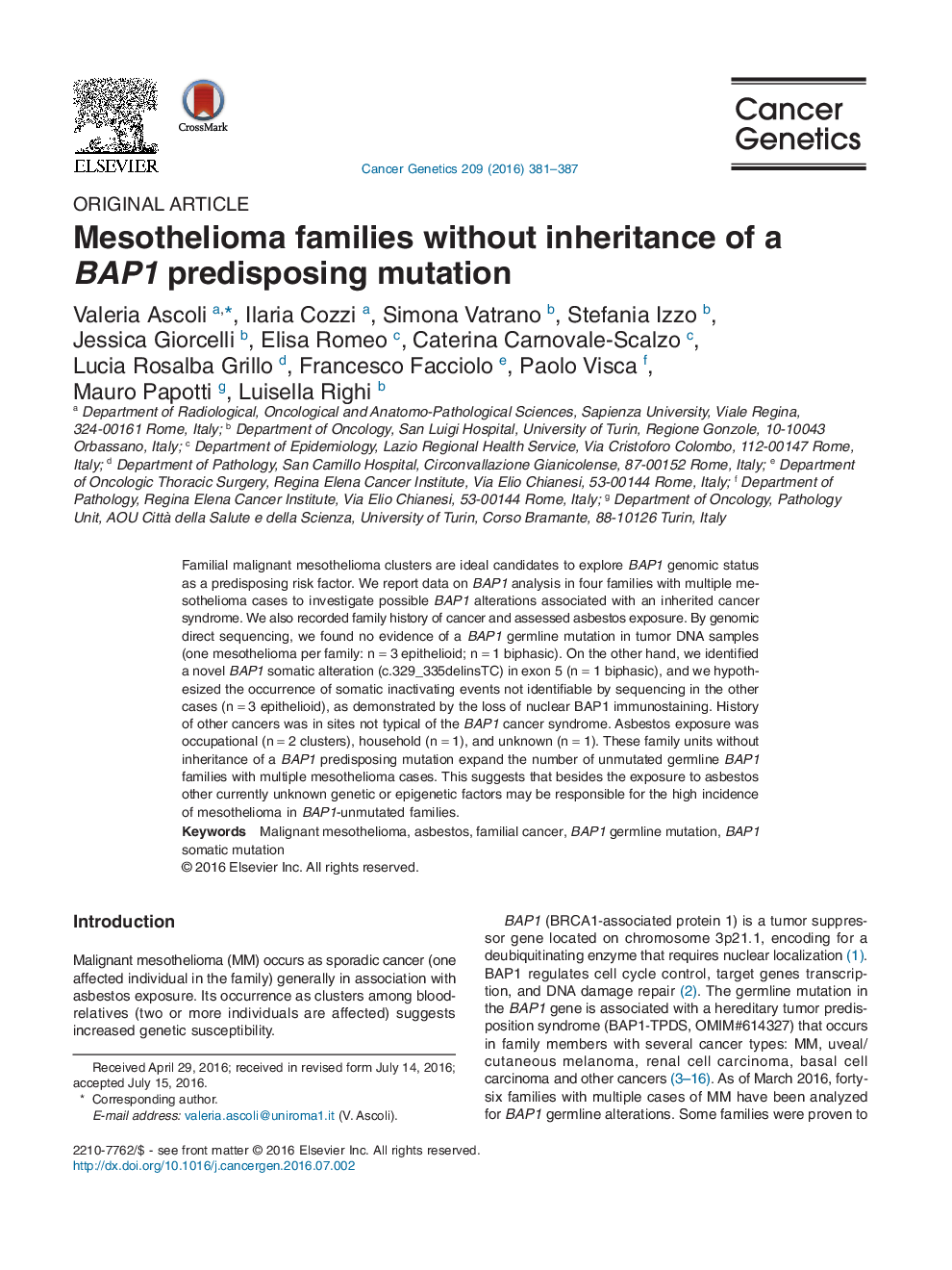 Original ArticleMesothelioma families without inheritance of a BAP1 predisposing mutation