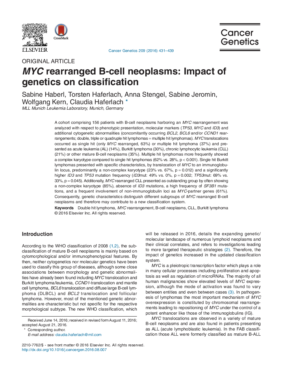 Original ArticleMYC rearranged B-cell neoplasms: Impact of genetics on classification