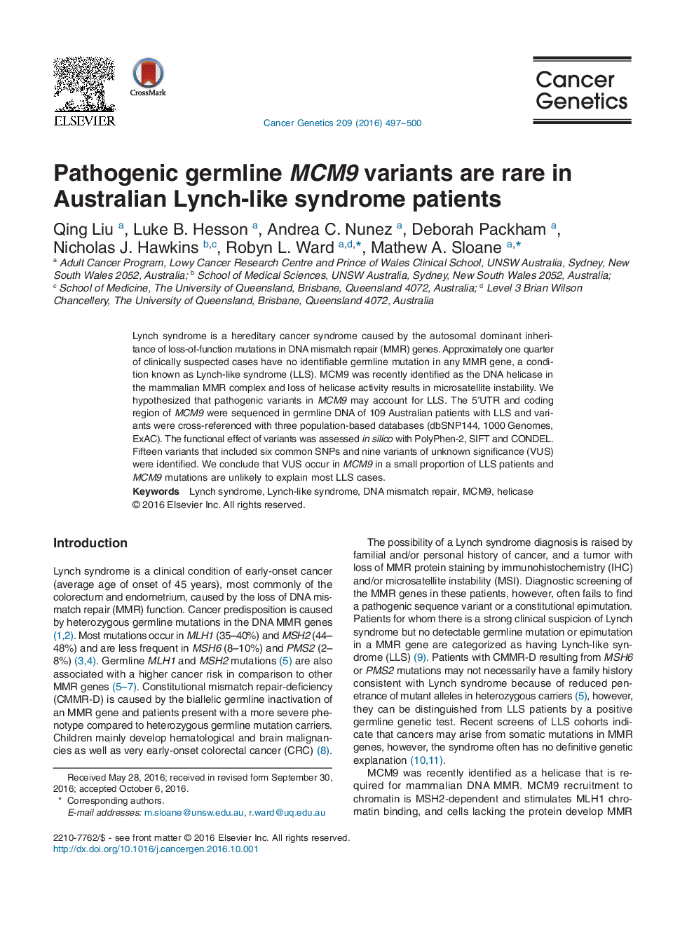 Pathogenic germline MCM9 variants are rare in Australian Lynch-like syndrome patients