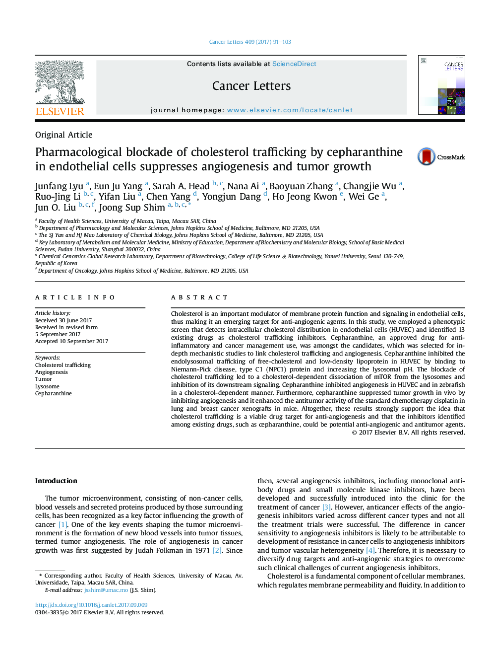 Original ArticlePharmacological blockade of cholesterol trafficking by cepharanthine in endothelial cells suppresses angiogenesis and tumor growth