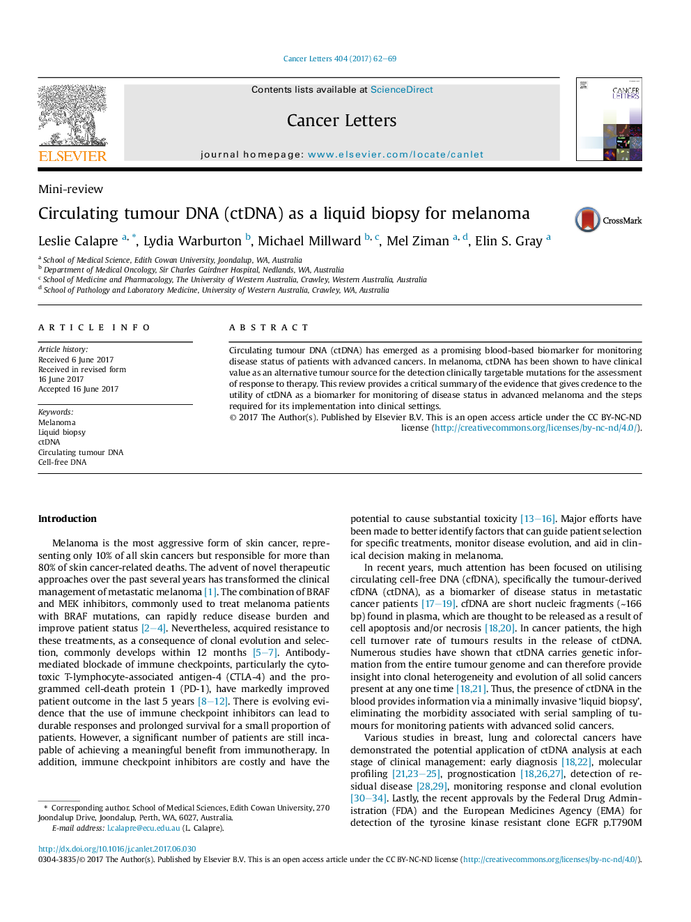 Circulating tumour DNA (ctDNA) as a liquid biopsy for melanoma