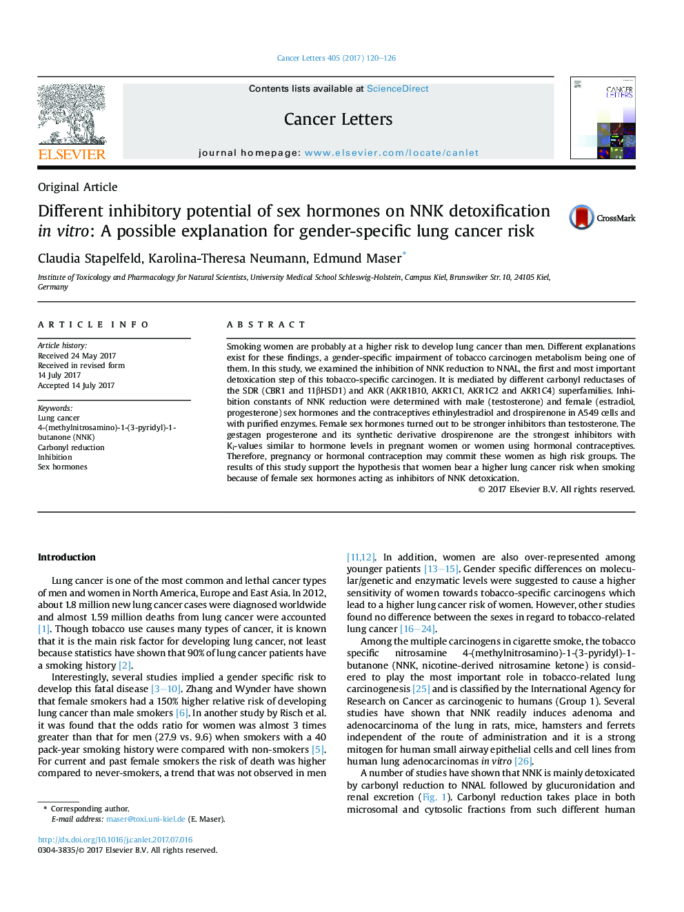 Original ArticleDifferent inhibitory potential of sex hormones on NNK detoxification inÂ vitro: A possible explanation for gender-specific lung cancer risk