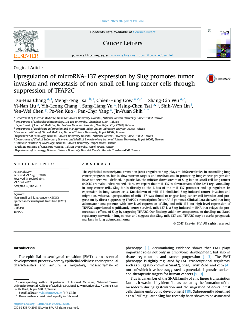 Original ArticleUpregulation of microRNA-137 expression by Slug promotes tumor invasion and metastasis of non-small cell lung cancer cells through suppression of TFAP2C