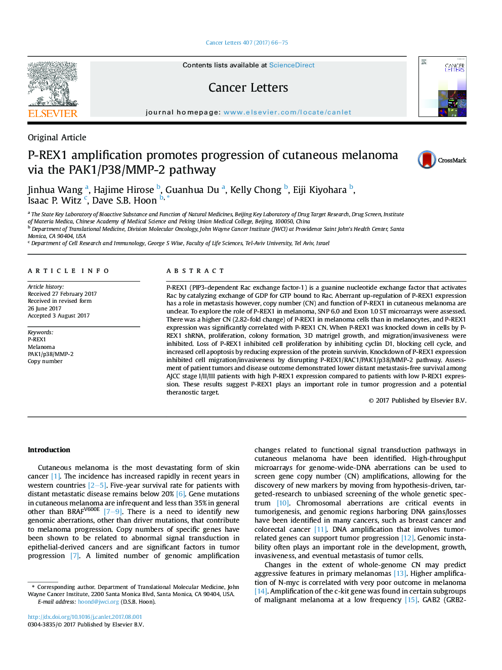 Original ArticleP-REX1 amplification promotes progression of cutaneous melanoma via the PAK1/P38/MMP-2 pathway