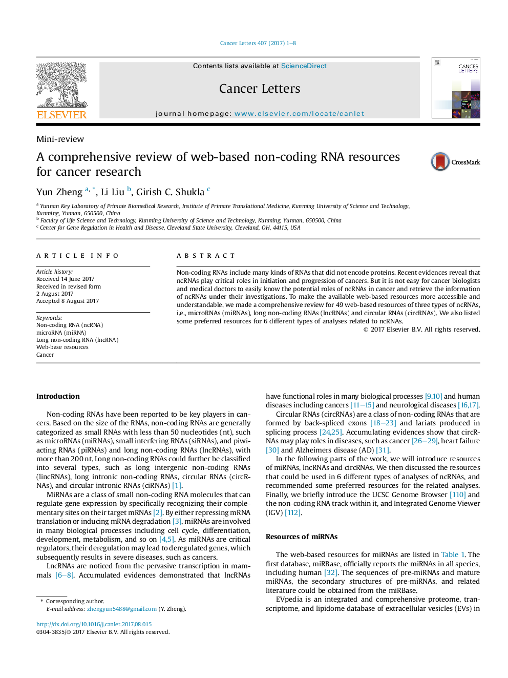 Mini-reviewA comprehensive review of web-based non-coding RNA resources for cancer research