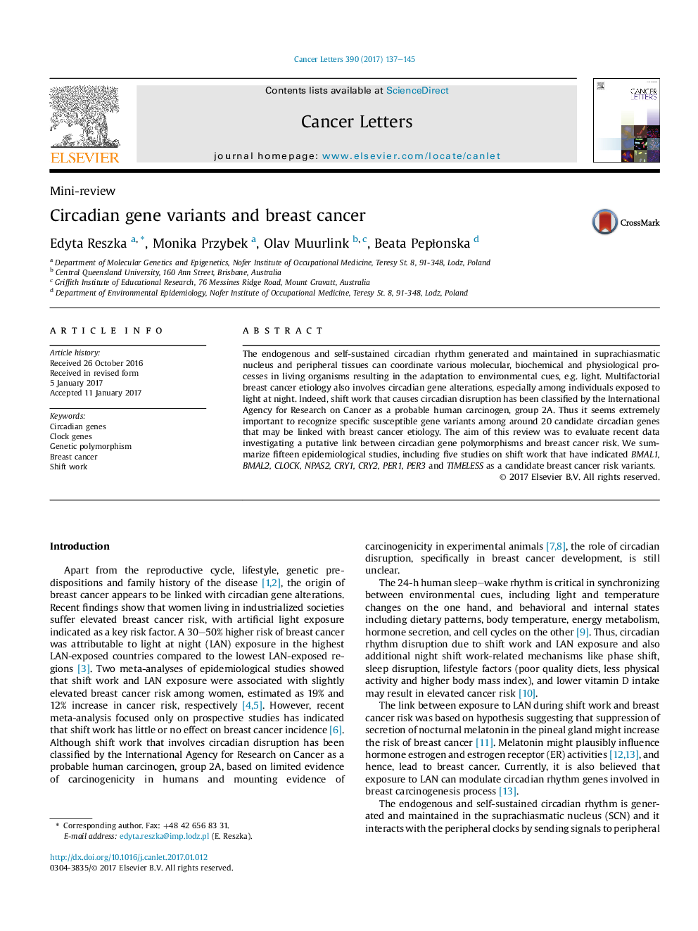 Mini-reviewCircadian gene variants and breast cancer