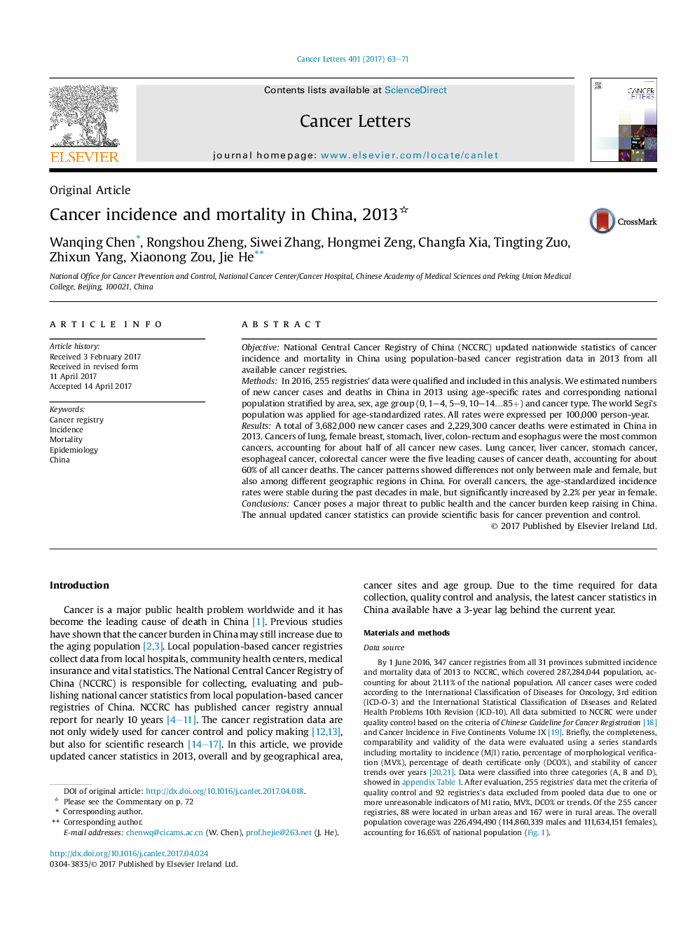 Original ArticleCancer incidence and mortality in China, 2013