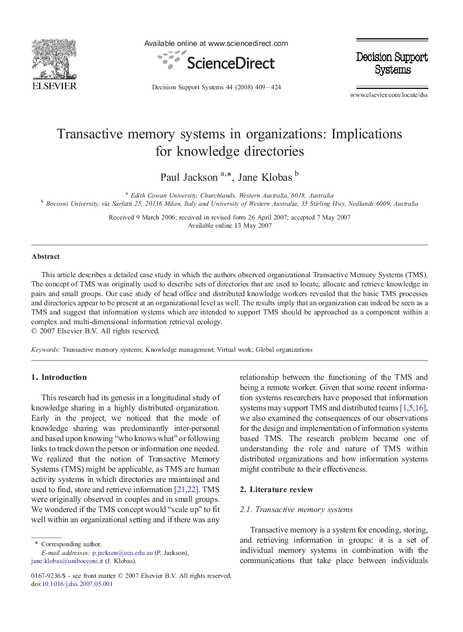 Transactive memory systems in organizations: Implications for knowledge directories