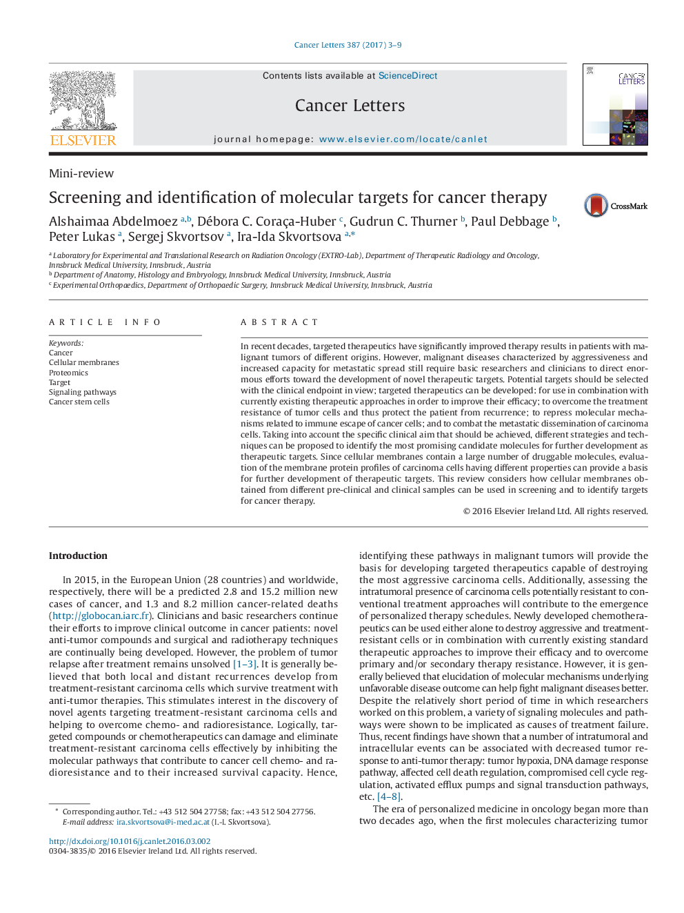 Mini-reviewScreening and identification of molecular targets for cancer therapy