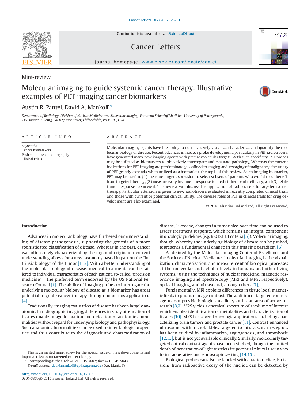 Molecular imaging to guide systemic cancer therapy: Illustrative examples of PET imaging cancer biomarkers 