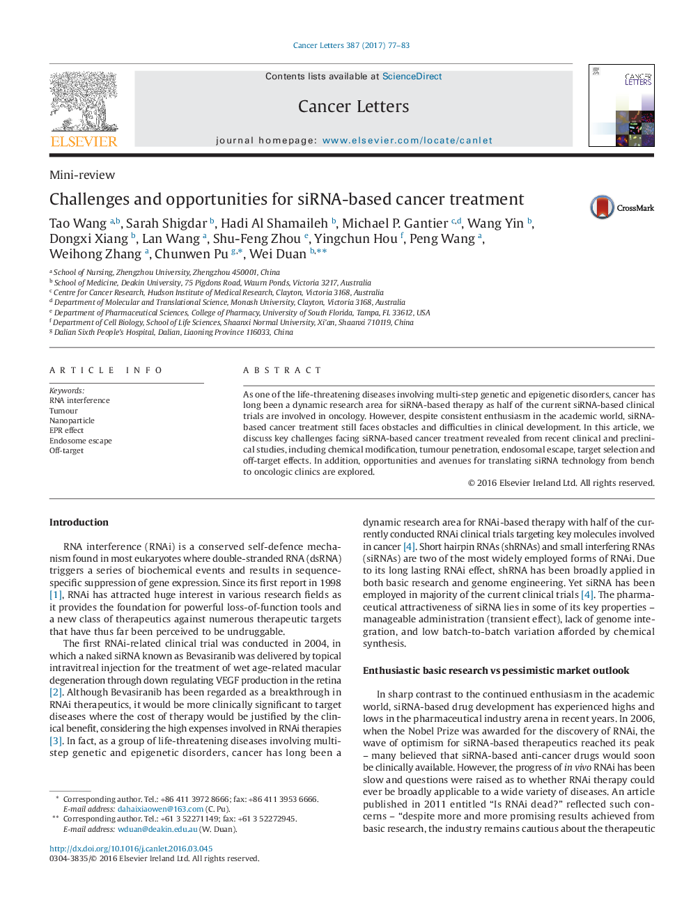 Mini-reviewChallenges and opportunities for siRNA-based cancer treatment